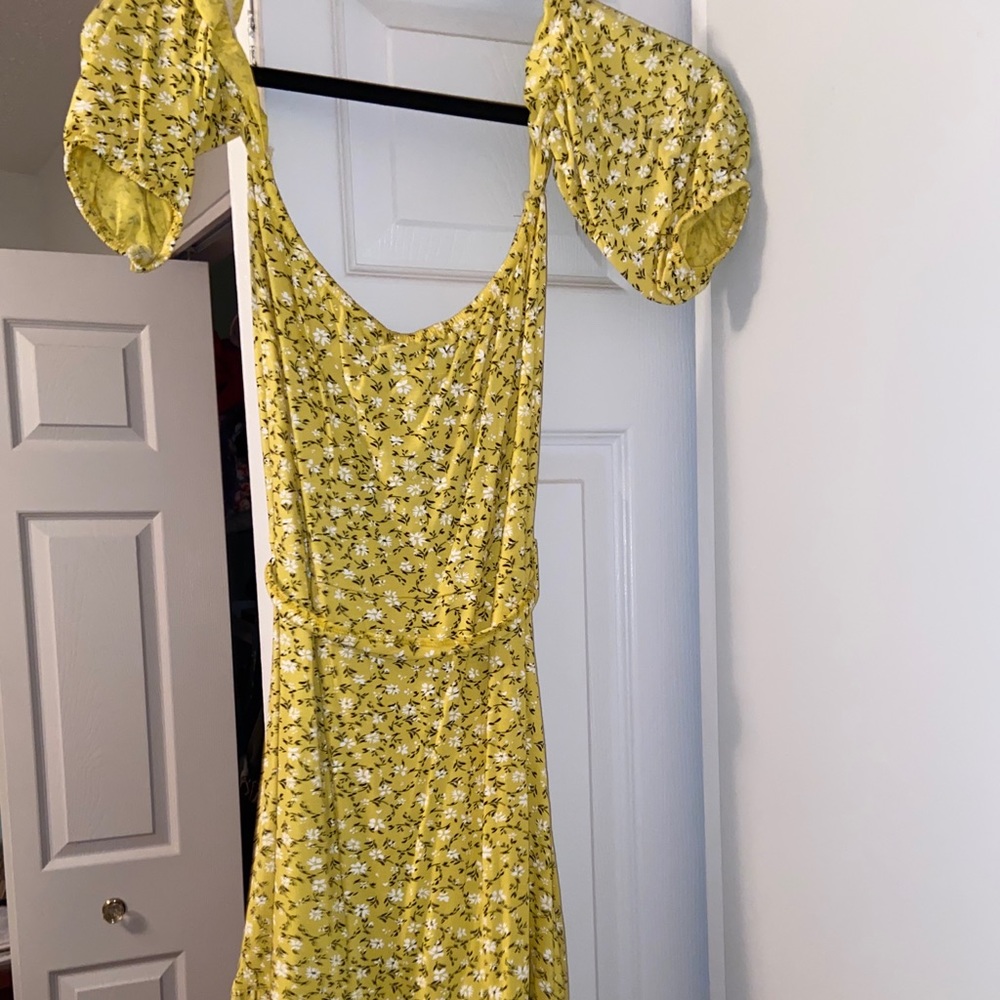Yellow Ditsy Print Bardot Frill Hem Skater Dress